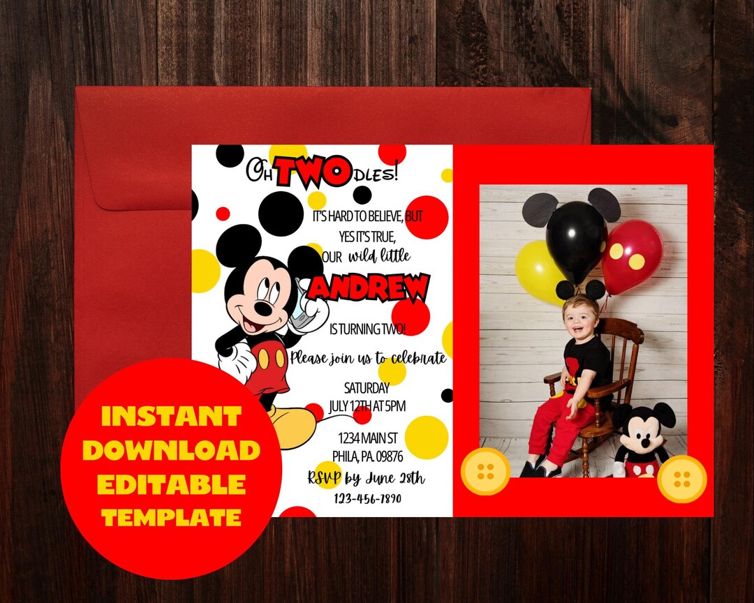 Mickey Mouse Oh Twodles 2nd Birthday Invitation (digital Editable) - Etsy