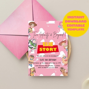 Two Infinity & Beyond Pink Toy Story 2nd Birthday Editable Digital Invitation Girls