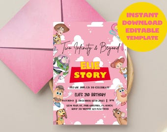 Two Infinity & Beyond Pink Toy Story 2nd Birthday Editable Digital Invitation Girls