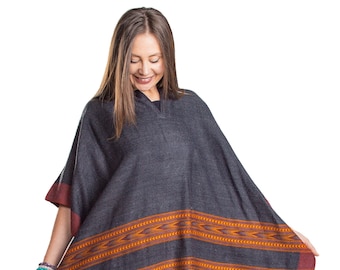 Poncho with Fringes, Vegan Wool Wrap, Handmade in India. Ethically Sourced, Fair Trade. Unisex. Choose Color.