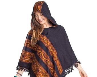 Ethnic Tribal Hooded V Poncho Cape with Fringes, Vegan Wool Wrap, Handmade in India. Ethically Sourced, Fair Trade. Unisex. Black