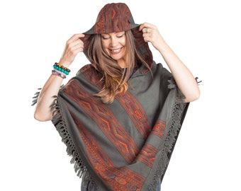 Ethnic Tribal Hooded V Poncho Cape with Fringes, Vegan Wool Wrap, Handmade in India. Ethically Sourced, Fair Trade. Unisex. Seaweed Green
