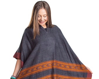 Poncho with Fringes, Vegan Wool Wrap, Handmade in India. Ethically Sourced, Fair Trade. Unisex. Dark Grey