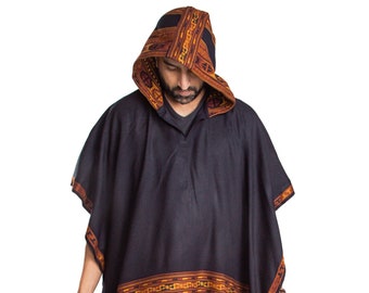 Ethnic Tribal Hooded Poncho Cape with Fringes, Vegan Wool Wrap, Handmade in India. Ethically Sourced, Fair Trade. Unisex. Choose Color