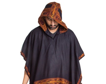 Ethnic Hooded Poncho Cape: Vegan Wool Tribal Fringe Wrap