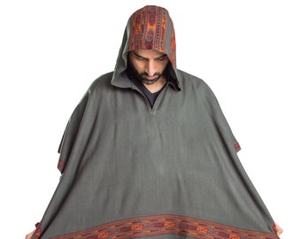 Ethnic Tribal Hooded Poncho Cape with Fringes, Vegan Wool Wrap, Handmade in India. Ethically Sourced, Fair Trade. Unisex. Seaweed Green