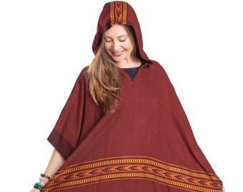 Hooded Poncho with Fringes, Vegan Wool Wrap, Handmade in India. Ethically Sourced, Fair Trade. Unisex. Red