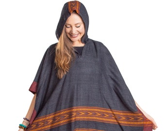 Hooded Poncho with Fringes, Vegan Wool Wrap, Handmade in India. Ethically Sourced, Fair Trade. Unisex Dark Grey