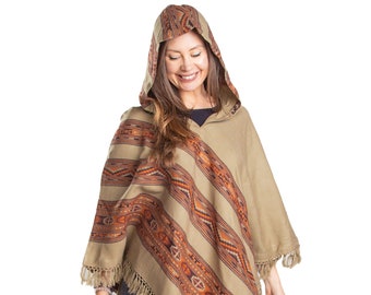 Ethnic Tribal Hooded V Poncho Cape with Fringes, Vegan Wool Wrap, Handmade in India. Ethically Sourced, Fair Trade. Unisex. Brown