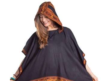 Ethnic Tribal Hooded Poncho Cape with Fringes, Vegan Wool Wrap, Handmade in India. Ethically Sourced, Fair Trade. Unisex. Black