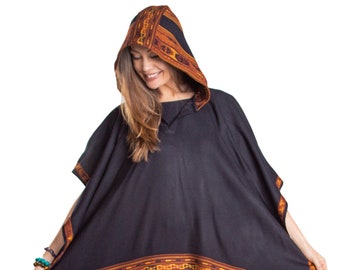 Tribal Hooded Poncho Cape: Vegan Wool Fringed Wrap, Handmade in India