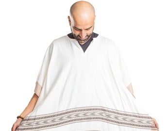 Poncho with Fringes, Vegan Wool Wrap, Handmade in India. Ethically Sourced, Fair Trade. Unisex. White