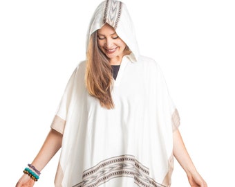 Hooded Poncho with Fringes, Vegan Wool Wrap, Handmade in India. Ethically Sourced, Fair Trade. Unisex. White