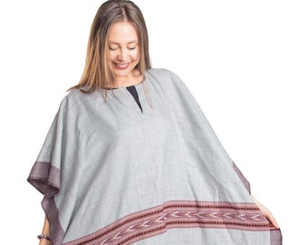 Poncho with Fringes, Vegan Wool Wrap, Handmade in India. Ethically Sourced, Fair Trade. Unisex. Light Grey