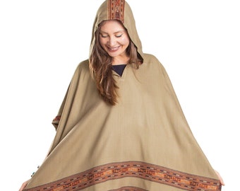 Ethnic Tribal Hooded Poncho Cape with Fringes, Vegan Wool Wrap, Handmade in India. Ethically Sourced, Fair Trade. Unisex. Brown