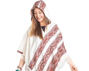 Ethnic Tribal Hooded V Poncho Cape with Fringes, Vegan Wool Wrap, Handmade in India. Ethically Sourced, Fair Trade. Unisex. White