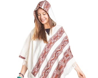 Tribal Hooded Vegan Wool Poncho: Ethically Sourced Fringe Cape