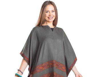 Ethnic Tribal Poncho Cape with Fringes, Vegan Wool Wrap, Handmade in India. Ethically Sourced, Fair Trade. Unisex. Seaweed Green