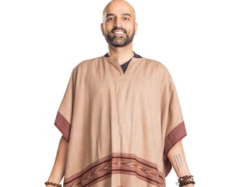 Poncho with Fringes, Vegan Wool Wrap, Handmade in India. Ethically Sourced, Fair Trade. Unisex. Brown