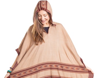 Hooded Poncho with Fringes, Vegan Wool Wrap, Handmade in India. Ethically Sourced, Fair Trade. Unisex. Brown