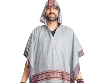Hooded Poncho with Fringes, Vegan Wool Wrap, Handmade in India. Ethically Sourced, Fair Trade. Unisex. Light Grey
