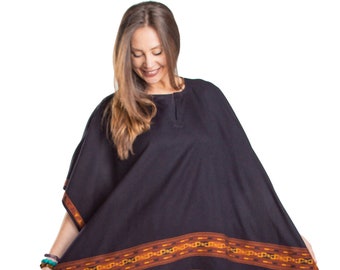Ethnic Tribal Poncho Cape with Fringes, Vegan Wool Wrap, Handmade in India. Ethically Sourced, Fair Trade. Unisex. Black