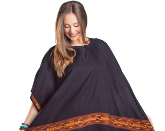 Tribal Fransen Poncho Cape: Vegane Wolle Wrap, Handgemacht in Indien