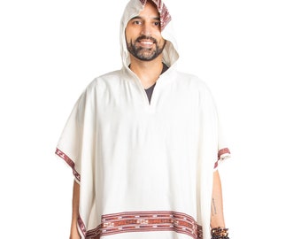 Ethnic Tribal Hooded Poncho Cape with Fringes, Vegan Wool Wrap, Handmade in India. Ethically Sourced, Fair Trade. Unisex. White