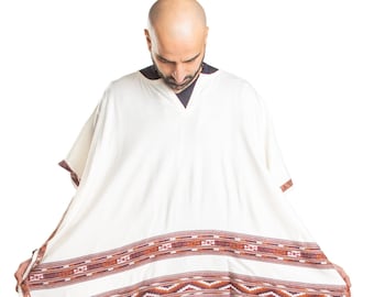 Ethnic Tribal Poncho Cape with Fringes, Vegan Wool Wrap, Handmade in India. Ethically Sourced, Fair Trade. Unisex. White