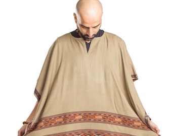 Ethnic Tribal Poncho Cape with Fringes, Vegan Wool Wrap, Handmade in India. Ethically Sourced, Fair Trade. Unisex. Brown