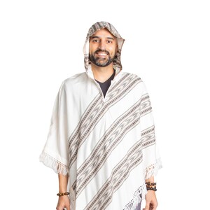 Hooded V-Shape Poncho with Fringes, Vegan Wool Wrap, Handmade in India. Ethically Sourced, Fair Trade. Unisex. White image 6