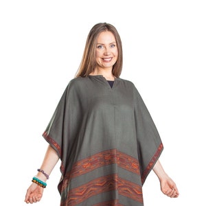 Ethnic Tribal Poncho Cape with Fringes, Vegan Wool Wrap, Handmade in India. Ethically Sourced, Fair Trade. Unisex. Seaweed Green