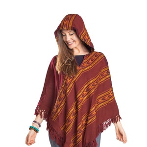 Hooded V-Shape Poncho with Fringes, Vegan Wool Wrap, Handmade in India. Ethically Sourced, Fair Trade. Unisex. Choose Color
