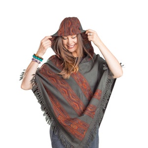Ethnic Tribal Hooded V Poncho Cape with Fringes, Vegan Wool Wrap, Handmade in India. Ethically Sourced, Fair Trade. Unisex. Seaweed Green