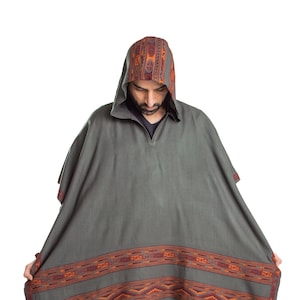 Ethnic Tribal Hooded Poncho Cape with Fringes, Vegan Wool Wrap, Handmade in India. Ethically Sourced, Fair Trade. Unisex. Seaweed Green