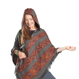 Hooded V Poncho Cape with Pockets & Fringes, Vegan Wool Wrap, Handmade in India. Ethically Sourced, Fair Trade. Unisex. Seaweed Green
