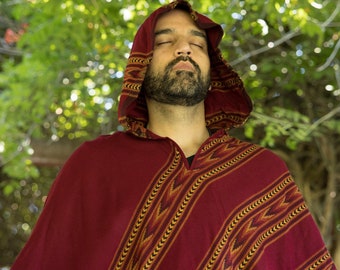 Hooded V-Shape Poncho with Fringes, Vegan Wool Wrap, Handmade in India. Ethically Sourced, Fair Trade. Unisex. Red