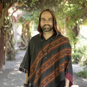 Hooded V-Shape Poncho with Fringes, Vegan Wool Wrap, Handmade in India. Ethically Sourced, Fair Trade. Unisex. Dark Grey