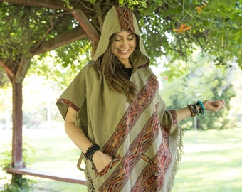 Hooded V Poncho Cape with Pockets & Fringes, Vegan Wool Wrap, Handmade in India. Ethically Sourced, Fair Trade. Unisex. Brown