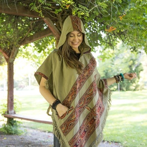 Hooded V Poncho Cape with Pockets & Fringes, Vegan Wool Wrap, Handmade in India. Ethically Sourced, Fair Trade. Unisex. Brown