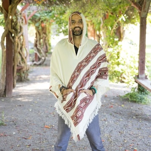 Hooded V Poncho Cape with Pockets & Fringes, Vegan Wool Wrap, Handmade in India. Ethically Sourced, Fair Trade. Unisex. White
