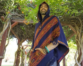 Hooded Vegan Wool Poncho Cape: Navy Blue Tribal Fringes