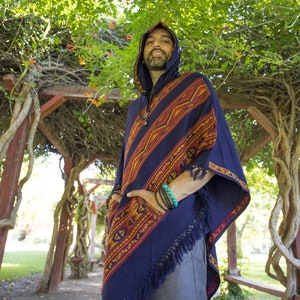 Hooded V Poncho Cape with Pockets & Fringes, Vegan Wool Wrap, Handmade in India. Ethically Sourced, Fair Trade. Unisex. Navy Blue