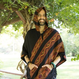 Hooded V Poncho Cape with Pockets & Fringes, Vegan Wool Wrap, Handmade in India. Ethically Sourced, Fair Trade. Unisex. Black