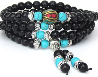 Black Obsidian Mala Bracelet: 6mm Buddhist Prayer Beads, Yoga Jewelry
