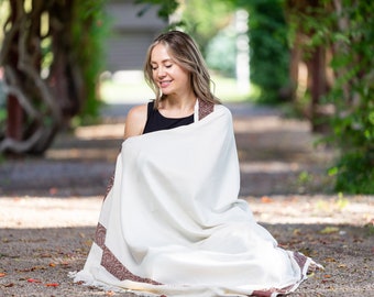 Meditation Shawl Blanket, Wool Shawl/Wrap, Oversize Scarf/Stole, Ethically Sourced, Fair Trade. Unisex/Light Weight (Gratitude) Cream