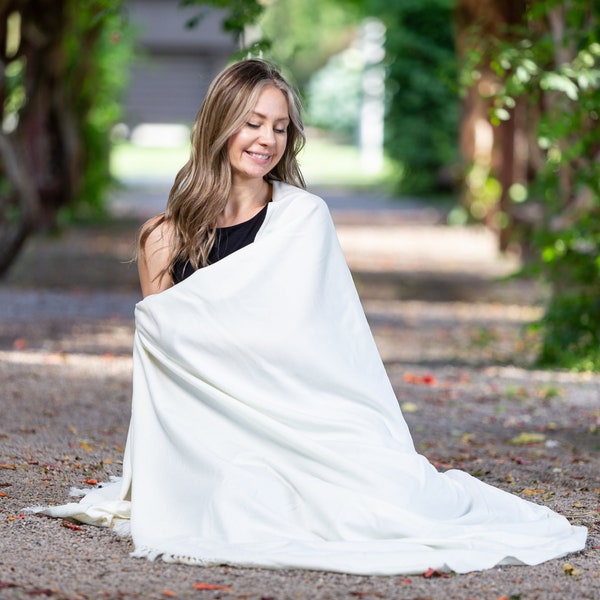 Meditation Shawl or Meditation Blanket, Wool Shawl/Wrap, Oversize Scarf/Stole, Ethically Sourced, Fair Trade. Unisex (Simplicity) White