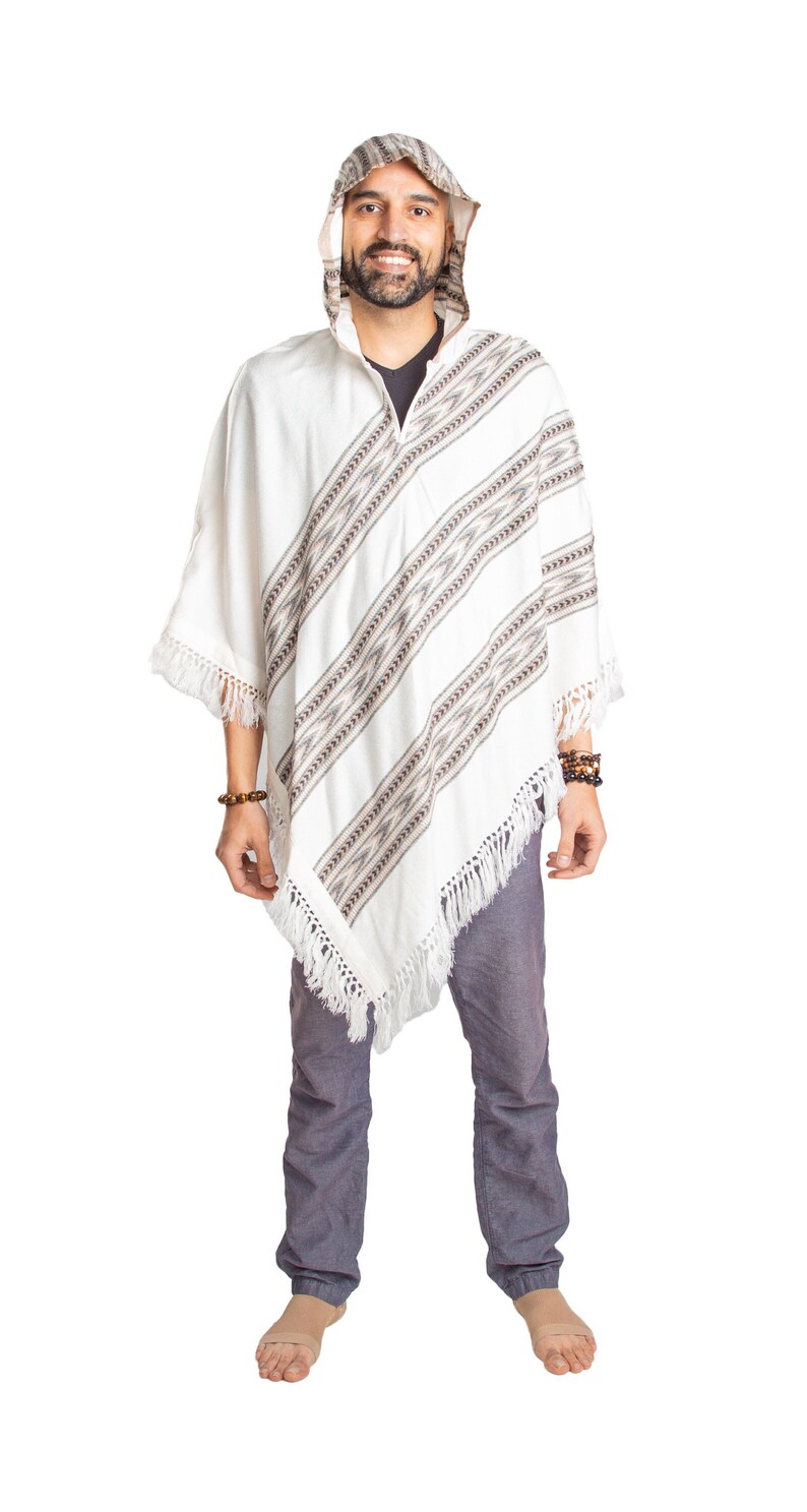 Hooded V-Shape Poncho with Fringes, Vegan Wool Wrap, Handmade in India. Ethically Sourced, Fair Trade. Unisex. White image 6