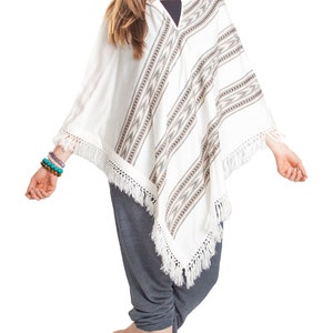 Hooded V-Shape Poncho with Fringes, Vegan Wool Wrap, Handmade in India. Ethically Sourced, Fair Trade. Unisex. White image 9