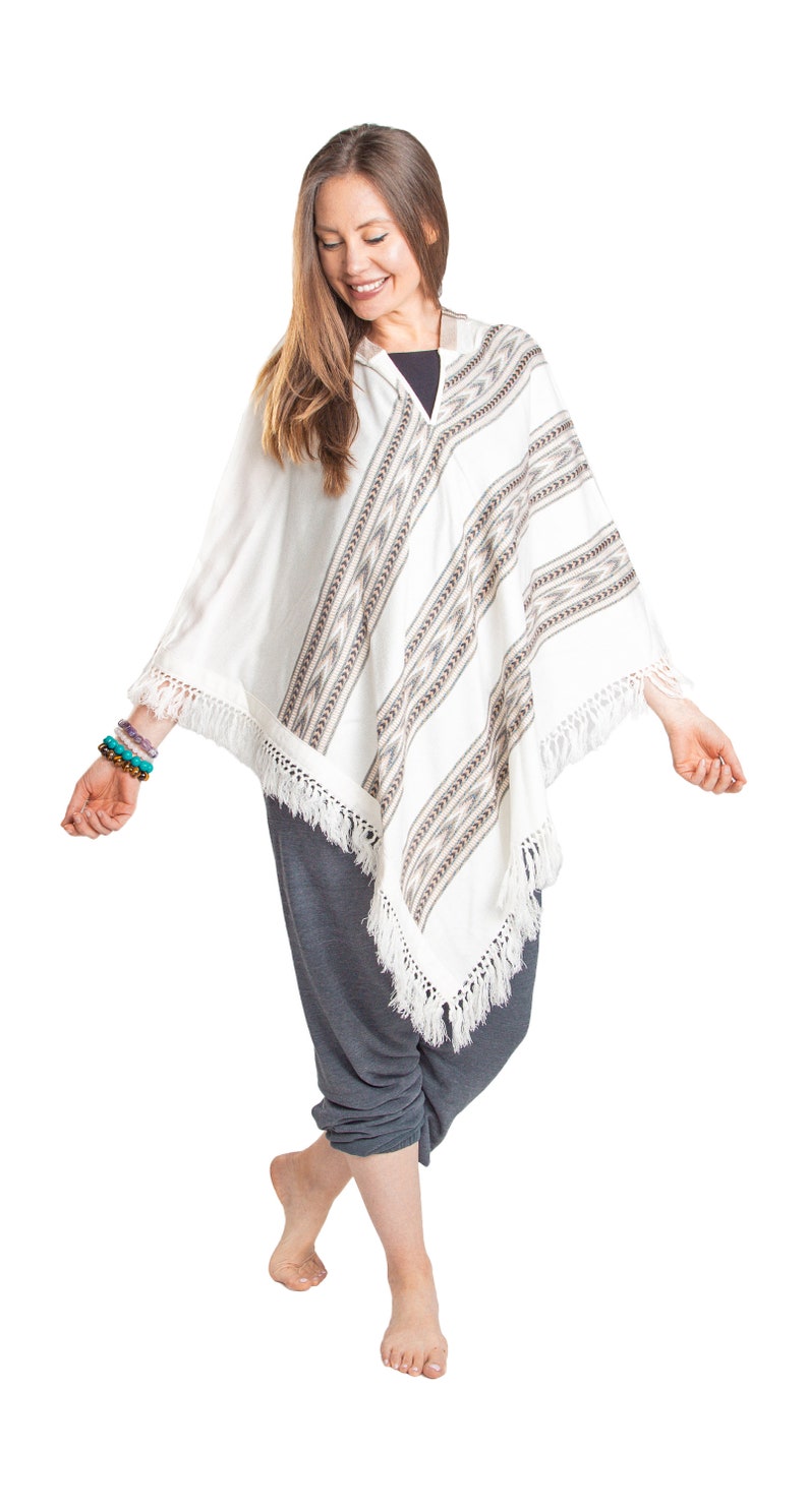 Hooded V-Shape Poncho with Fringes, Vegan Wool Wrap, Handmade in India. Ethically Sourced, Fair Trade. Unisex. White image 9